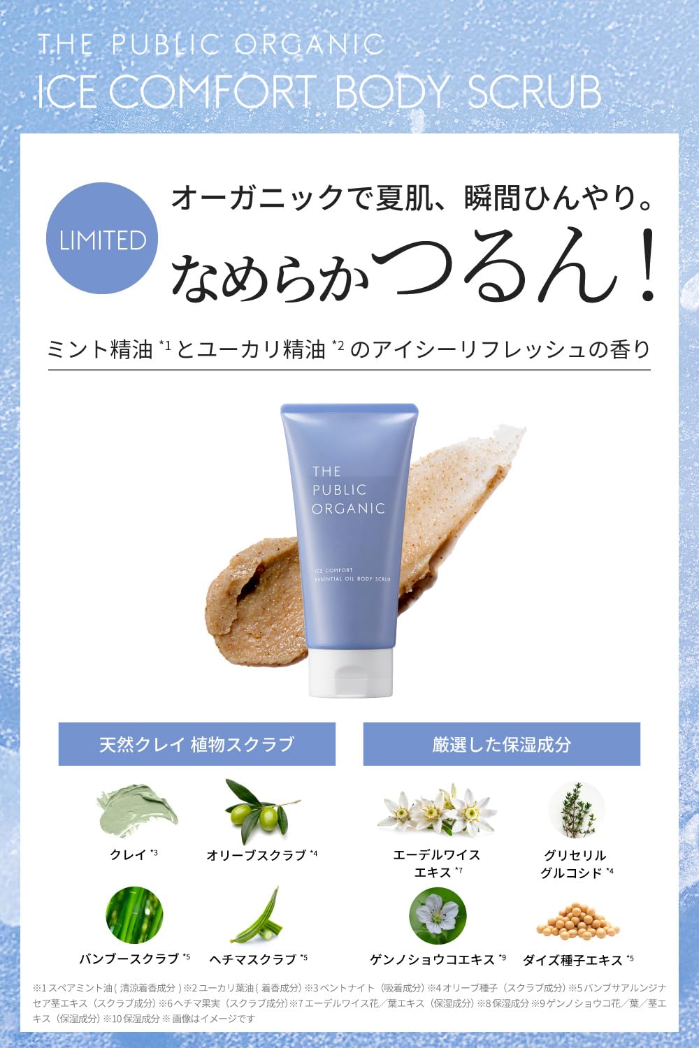 Ice Comfort Essential Oil Body Scrub, Cooling Clay and Plant Scrub Body Scrub with Mint and Eucalyptus Essential Oils for Rough, Dull Summer Skin, Limited Edition, 180 g Tube