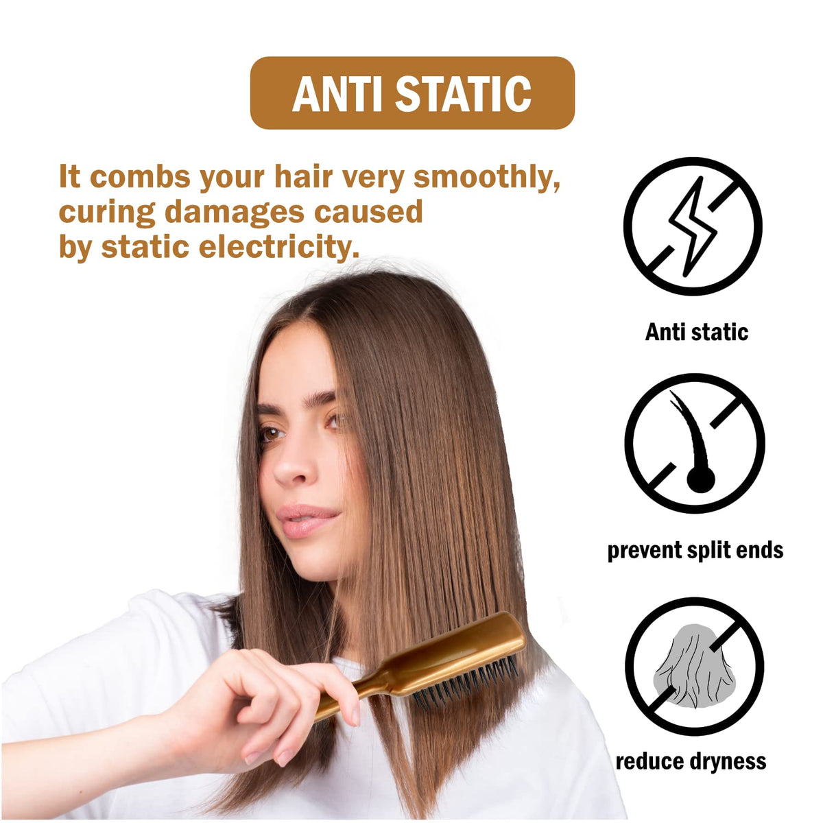 Anti-Static Round Blow-Dry Brush with Stainless-Steel Charged Fibers and a Grounding Wire, Small 17 cm or 2XL 22 cm, Gold-Brown Handle