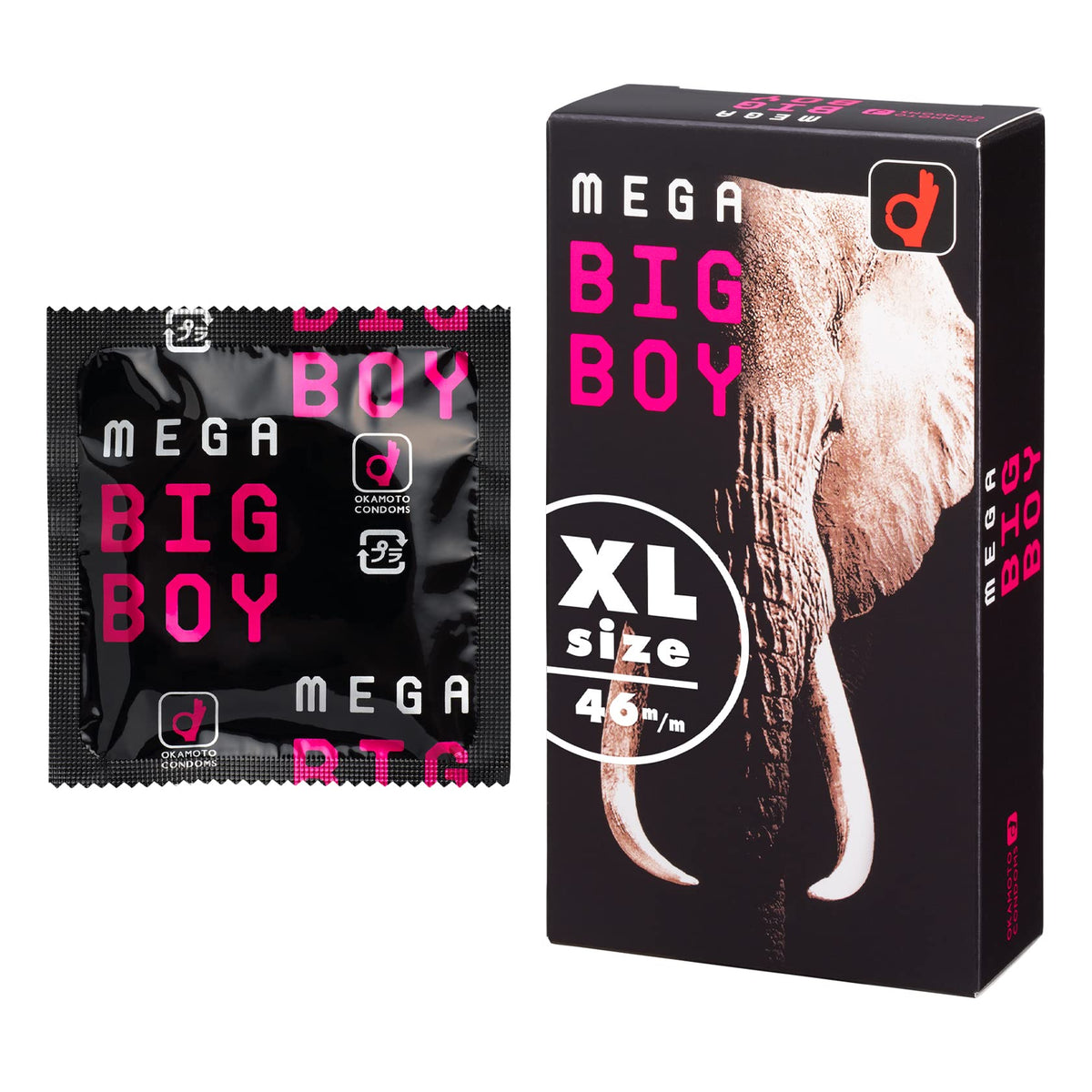 Okamoto Mega Big Boy Condoms, 12 Extra-Large Black Natural Rubber Latex Condoms, 46 mm Maximum Diameter