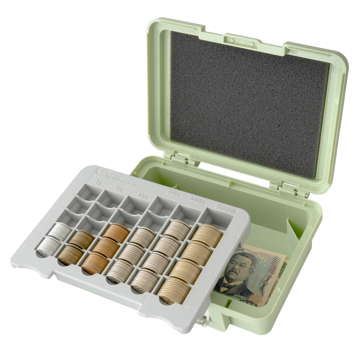 CARL Portable Cash Case CX-003, Plastic Coin and Banknote Box with Coin Tray and Mechanical Code Lock, Holds 50 of Each Coin and About 300 Notes, 201 x 150 x 73 mm and 370 g, White, Light Green or Pink, Made in Japan