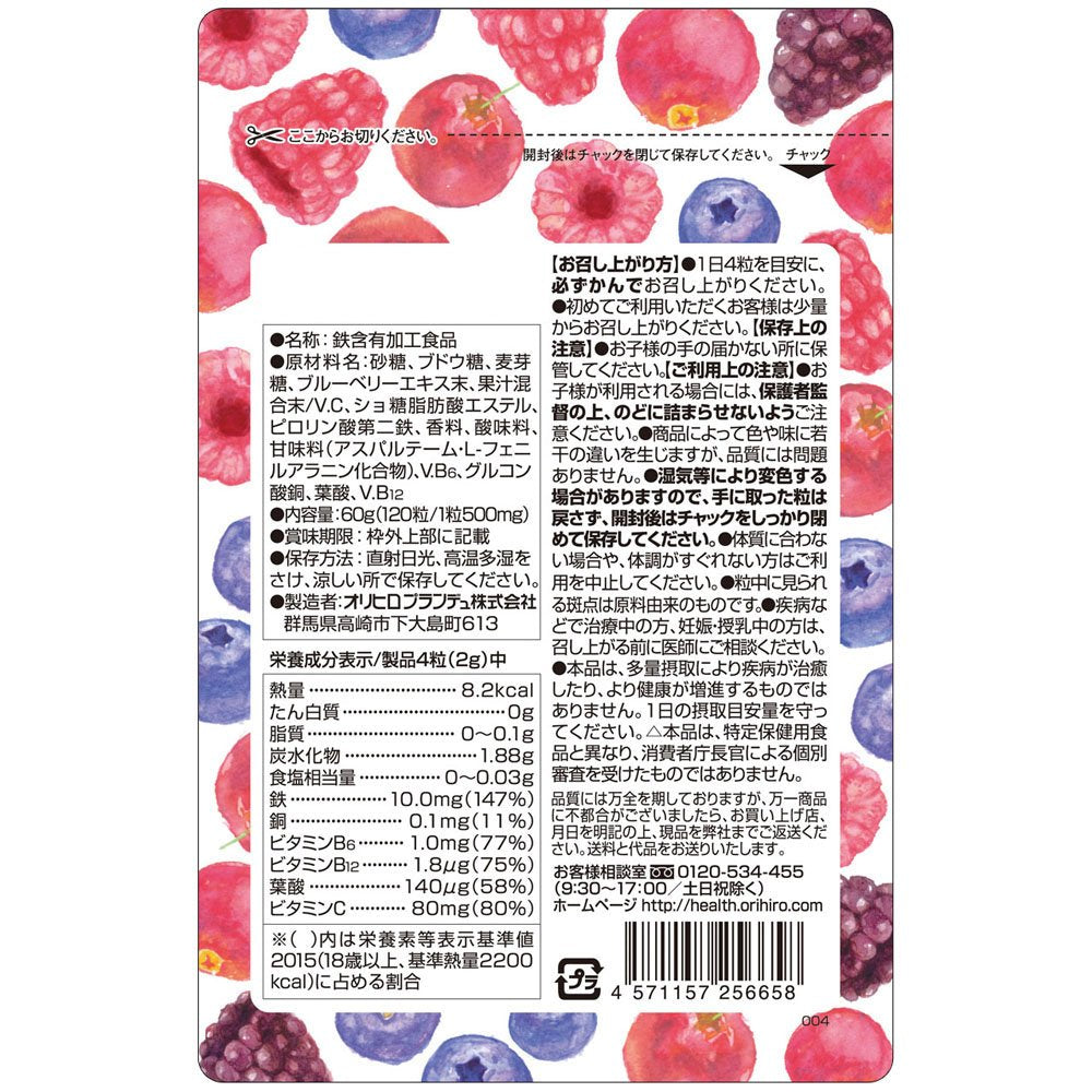 Chewable Iron and Folic Acid Tablets, Mixed Berry Flavor, 120 Tablets x 2 Pouches, 60 Days