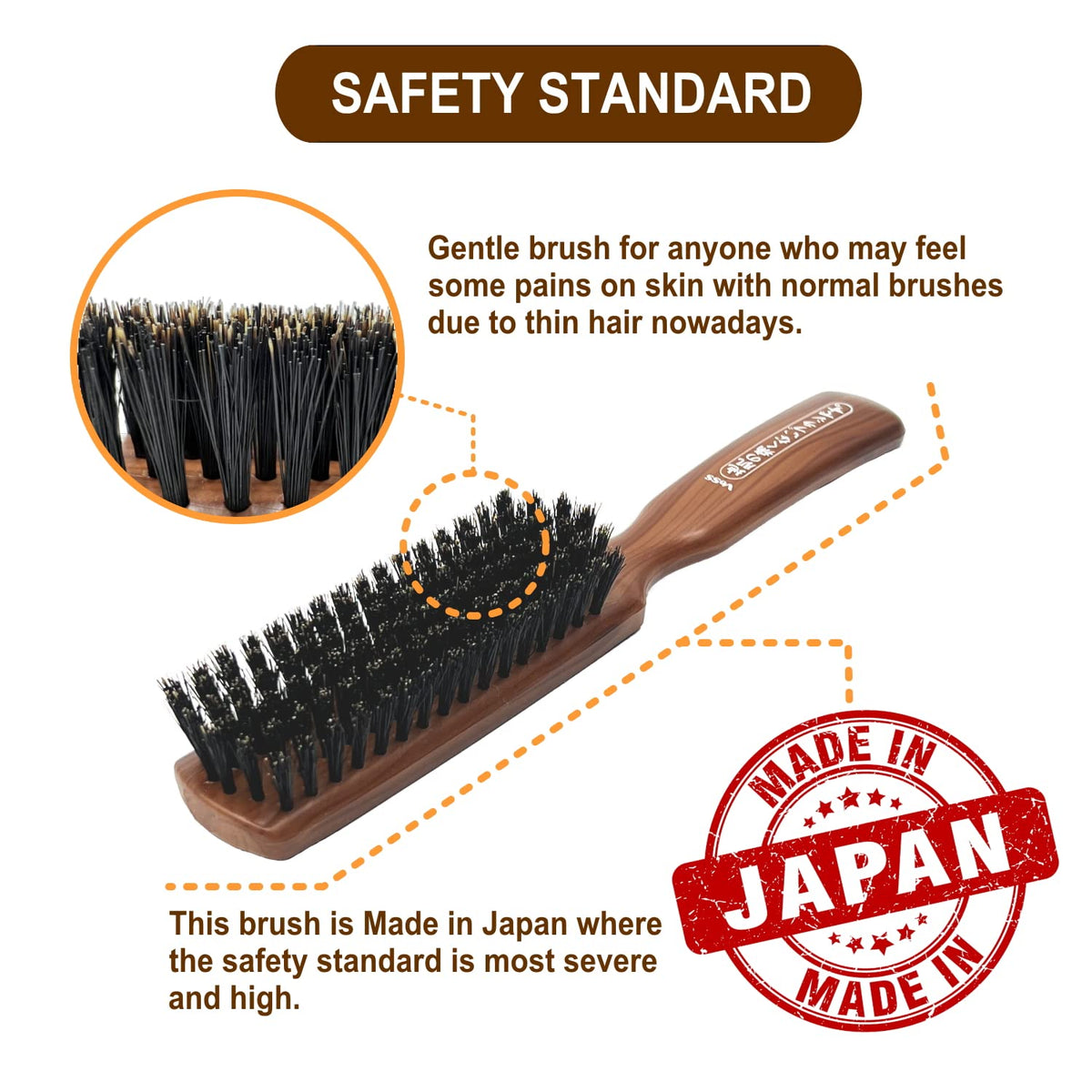 VESS Hairbrush Without Pain on Skin, Natural Hog Bristle Brushing Brush, JI-1300