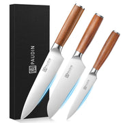 PAUDIN Chef Knife, Santoku and Petty Knife 3-Piece Set, 5Cr15MoV Stainless, Natural Wood Handles