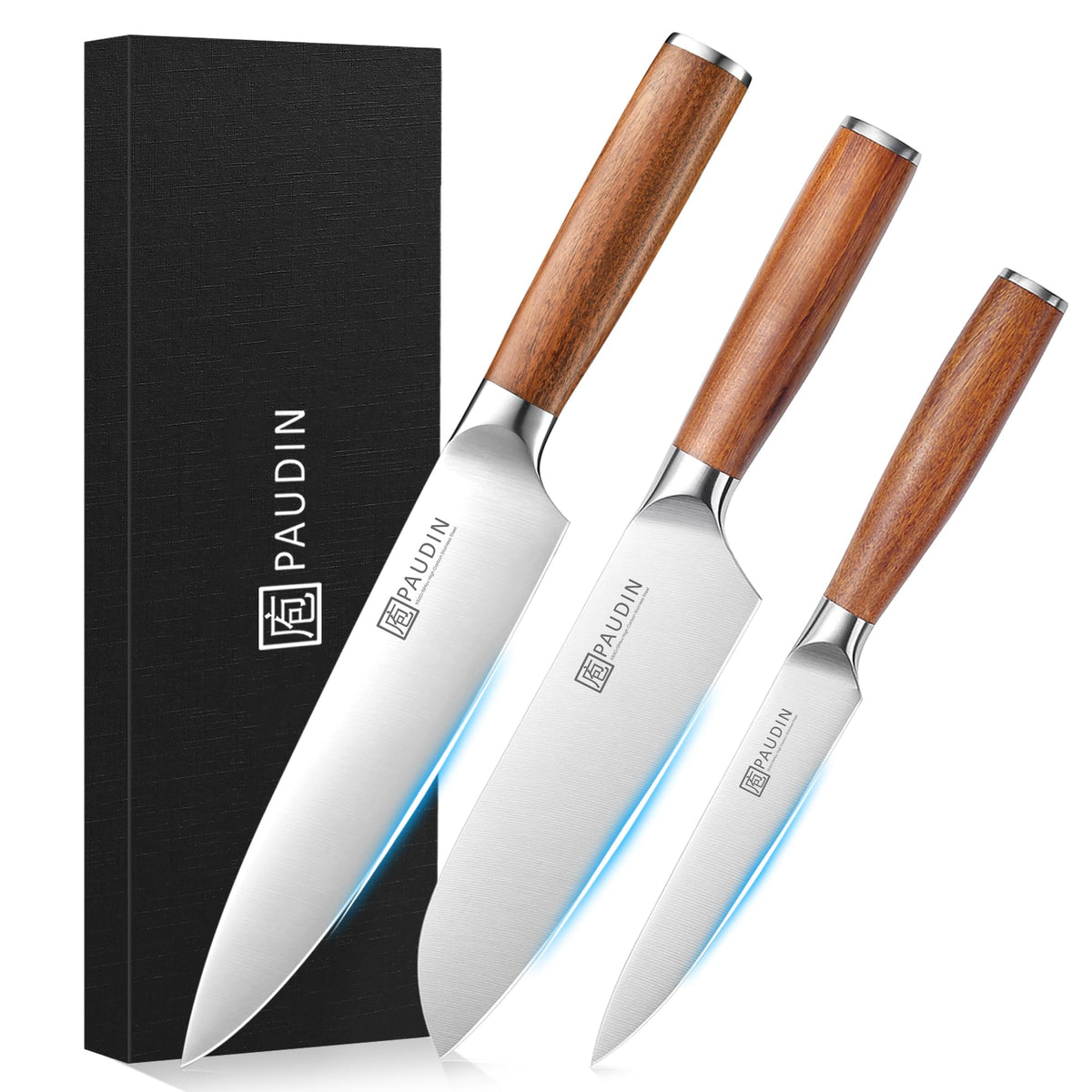 PAUDIN Chef Knife, Santoku and Petty Knife 3-Piece Set, 5Cr15MoV Stainless, Natural Wood Handles