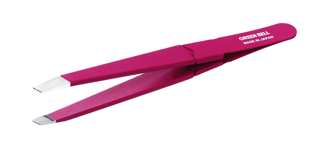 Green Bell Takumi no Waza Amazing Tweezers Mini in Pink, 75 mm Slant-Tip Stainless Tweezers with Soft Cap for Carrying