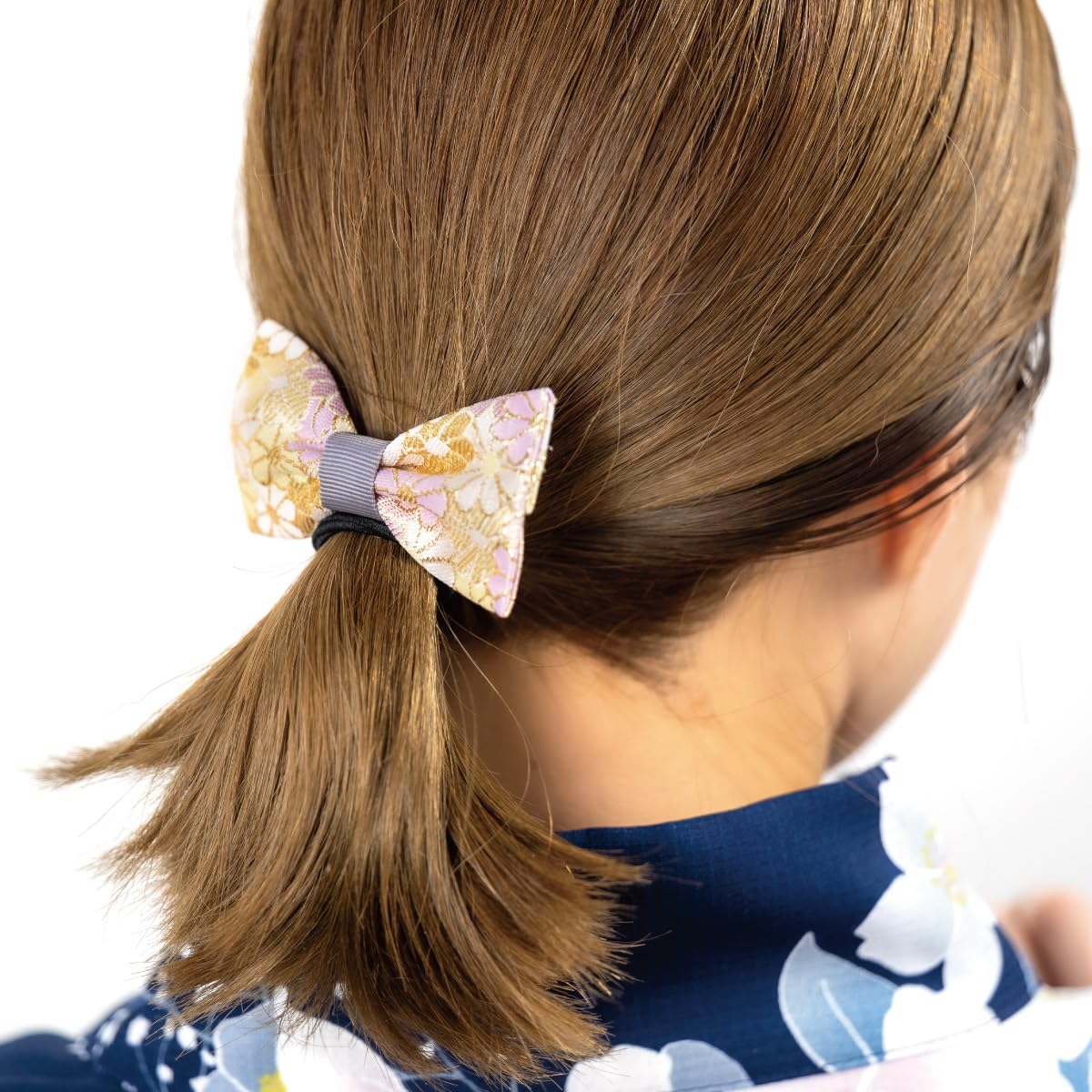 Nishijin-Ori Bow Hair Tie for Women, Made in Japan Kyoto Gold Brocade Floral Two-Tone Elastic Hair Band