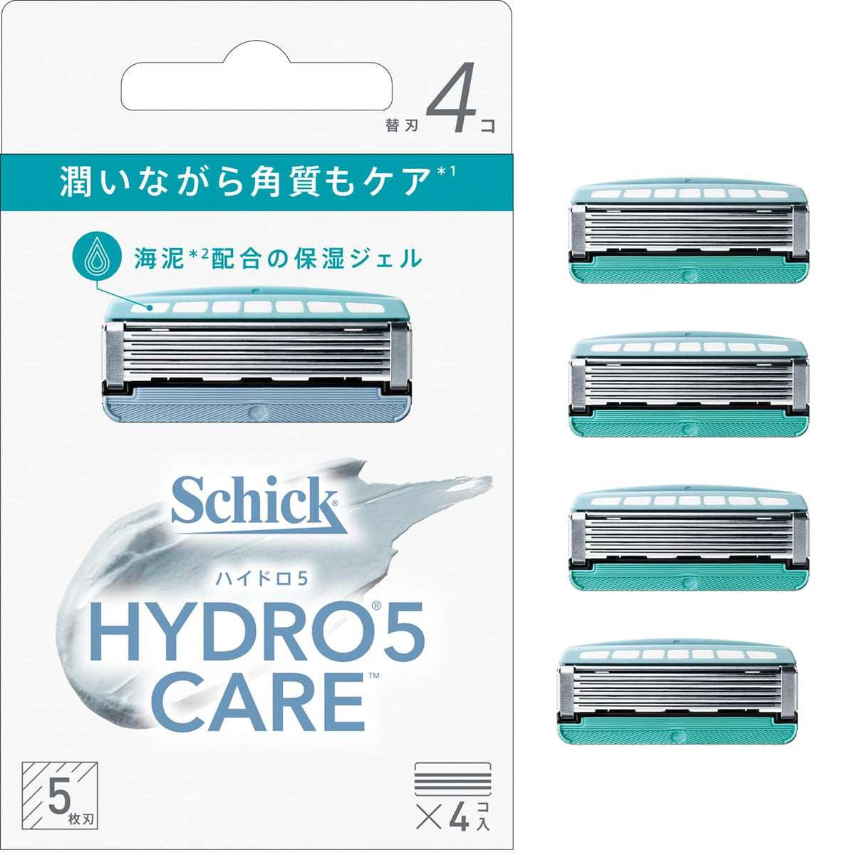 Schick Hydro 5 Care Replacement Blades, 4 Razor Cartridges with 5 Blades and Sea Silt Moisturising Gel Strip
