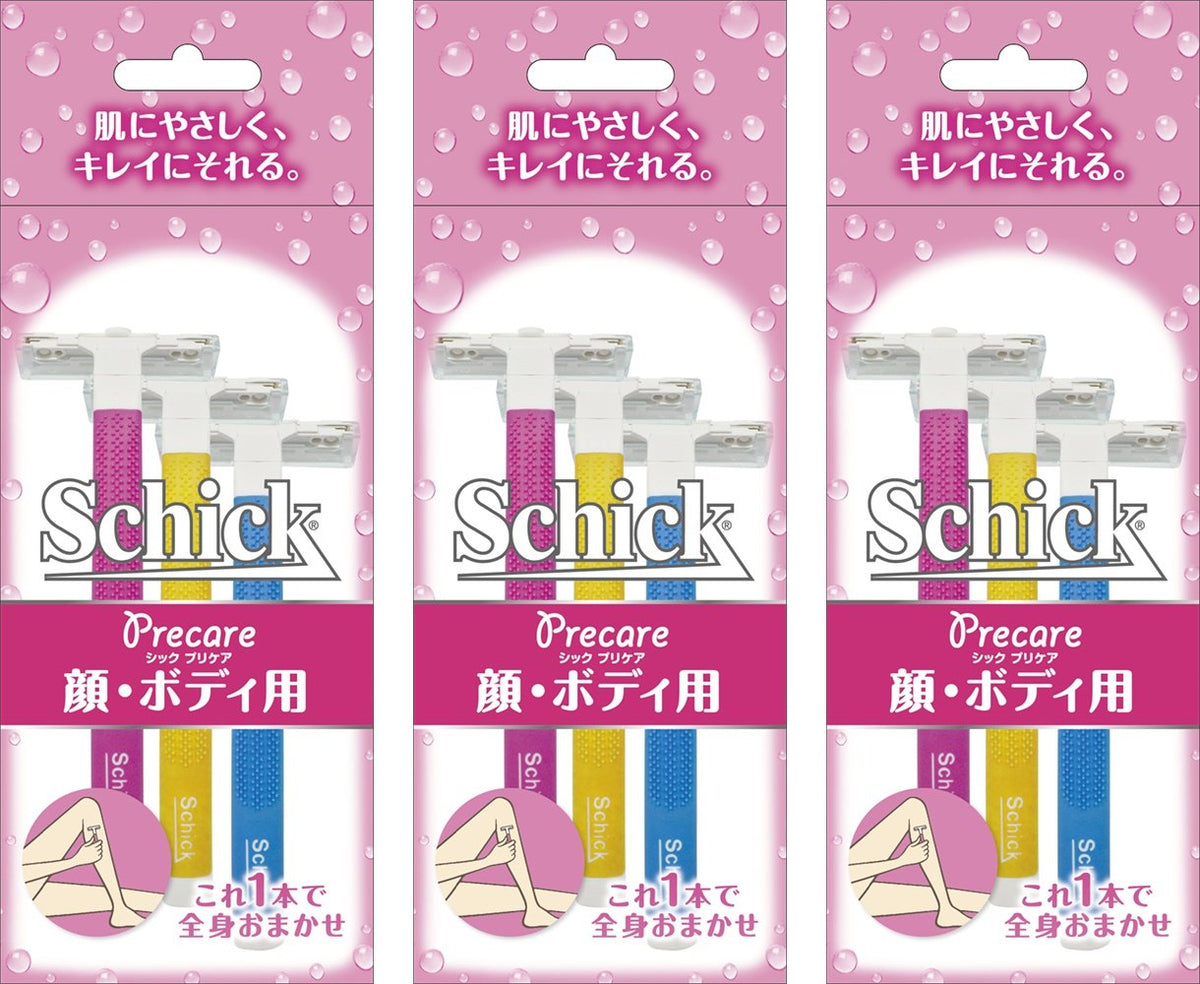 Schick Precare T-Dispo Disposable Razors for Face and Body, Three-Blade Women's Razors with Aloe Smoother and One-Push Cleaner, 3 Razors x 3 Packs (9 Razors)