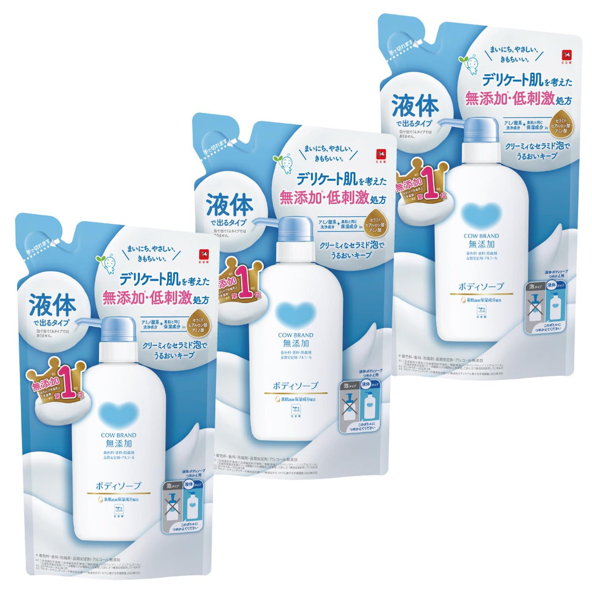 Cow Brand Additive-Free Body Soap Refill, 3 Pouches of 380 mL (1,140 mL), Liquid Body Wash with Ceramide, Hyaluronic Acid and Glycine for Delicate Skin