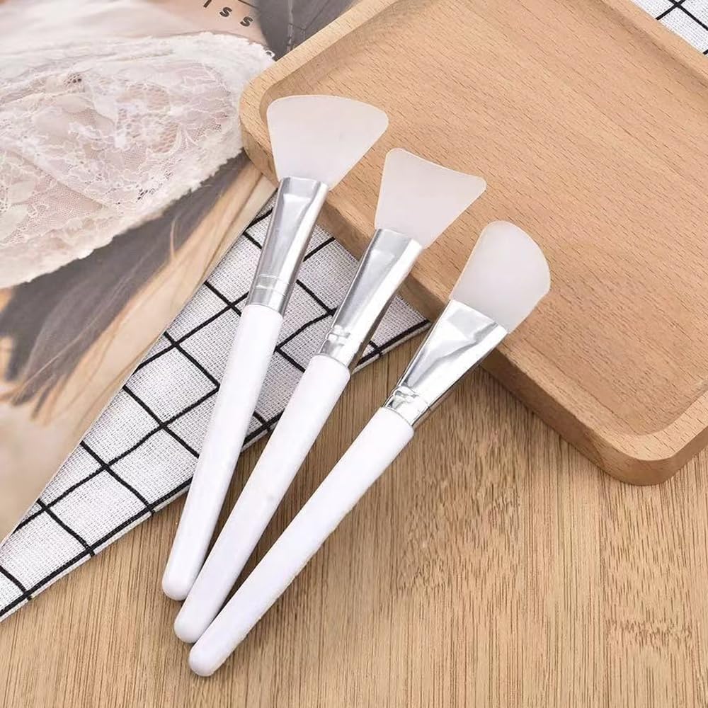Qikeji Silicone Mask Brush Set of 3, Face Mask and Lotion Applicator Brushes in Three Head Sizes, White Handles with Metal Ferrules