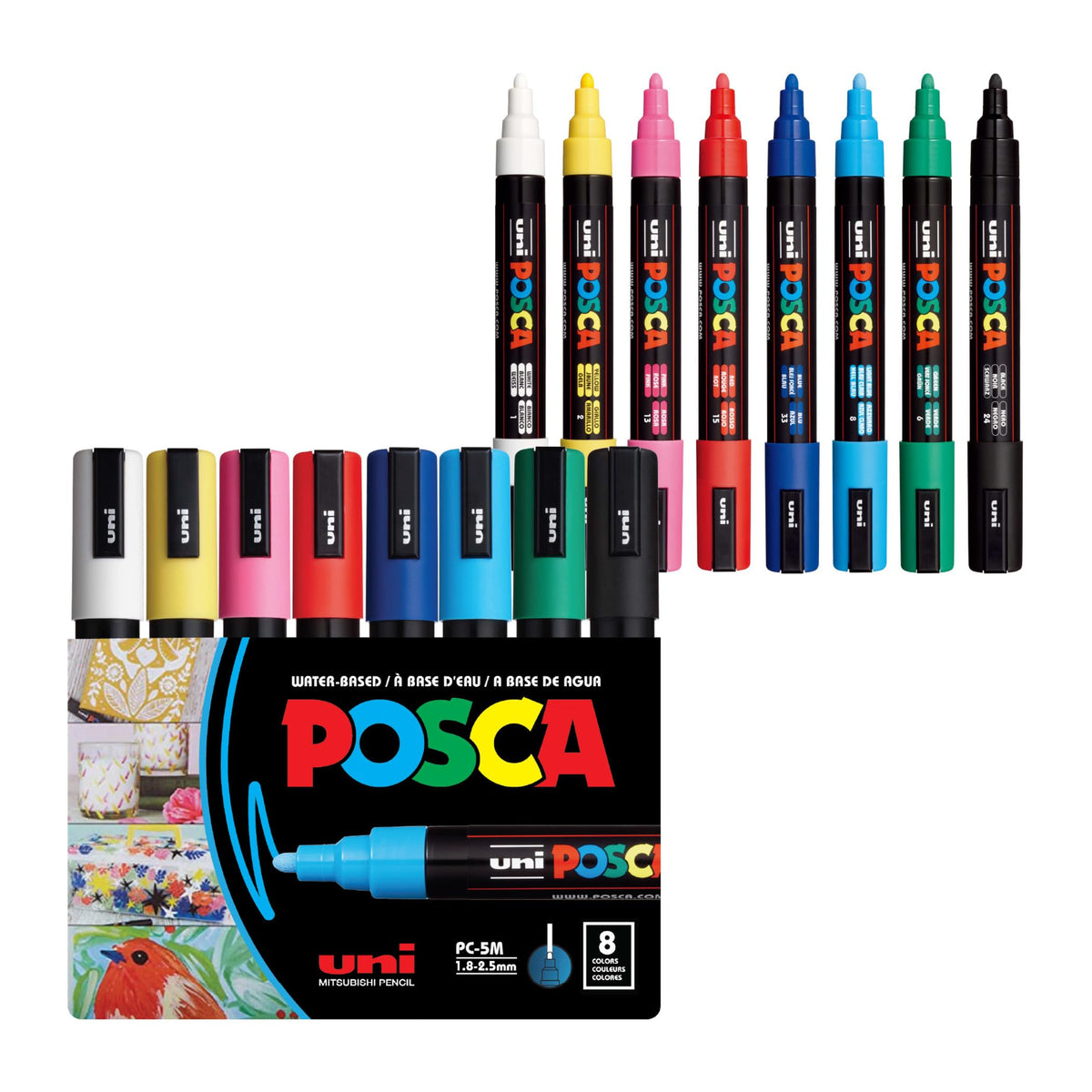 POSCA Water-Based Pigment Paint Markers PC-5M, Medium Round Tip 1.8 to 2.5 mm Line, 15-Colour Set 146 x 93 x 60 mm or 8-Colour Set 149 x 159 x 22 mm