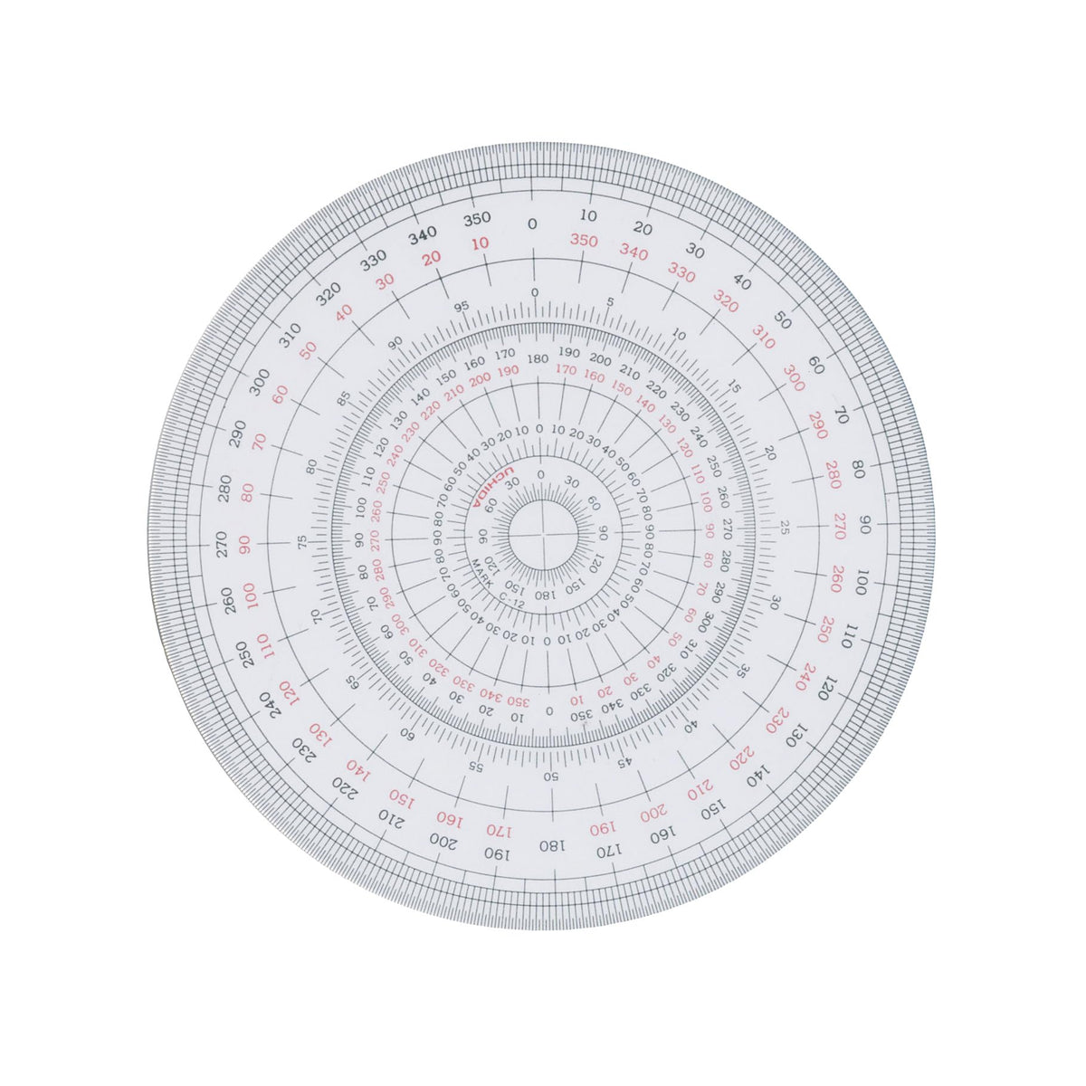 Uchida Full-Circle Protractor 12 cm Type 1-822-0000 or 15 cm Type 1-822-0001, 360-Degree Hard Vinyl Protractor 1.0 mm Thick, Made in Japan