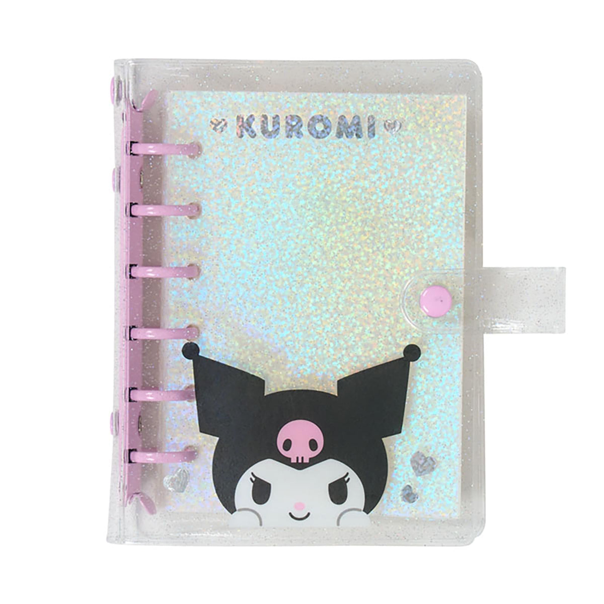 Sanrio Clear Sticker Binder, Six-Ring Snap-Button Binder with Holographic Glitter Refill Pockets for Stickers up to 7.3 x 12.9 cm, About 14 x 15 x 2.5 cm, Six Characters