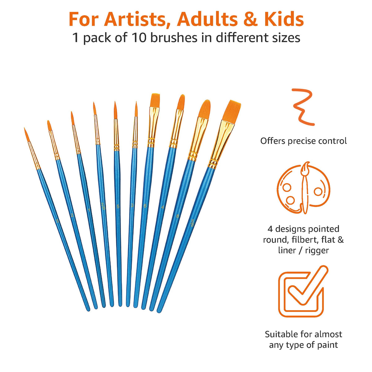 Amazon Basics Paint Brush Set of 10, Blue Wooden Handles with Soft PBT Bristles in Round, Filbert, Flat and Liner Shapes, 17.5 to 19.5 cm, for Watercolour, Acrylic and Oil