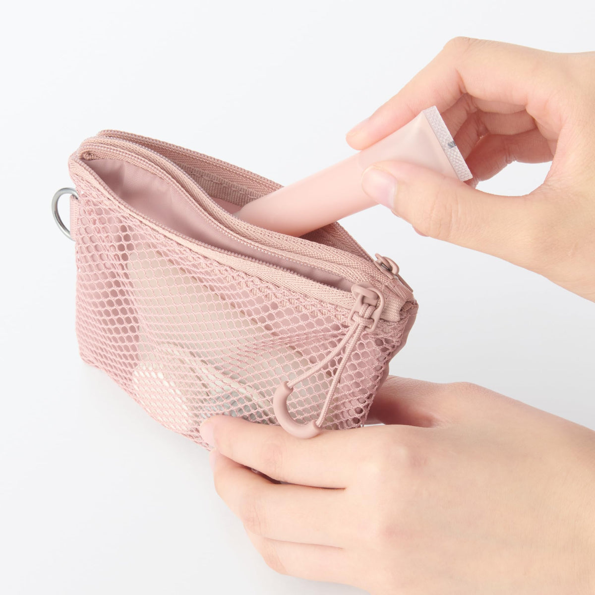Muji Polyester Double-Zip Case, Small 10 x 13.5 cm Mesh-Front Pouch with D-Ring and Zip Pull Loop, Pink, Grey, Black or Khaki