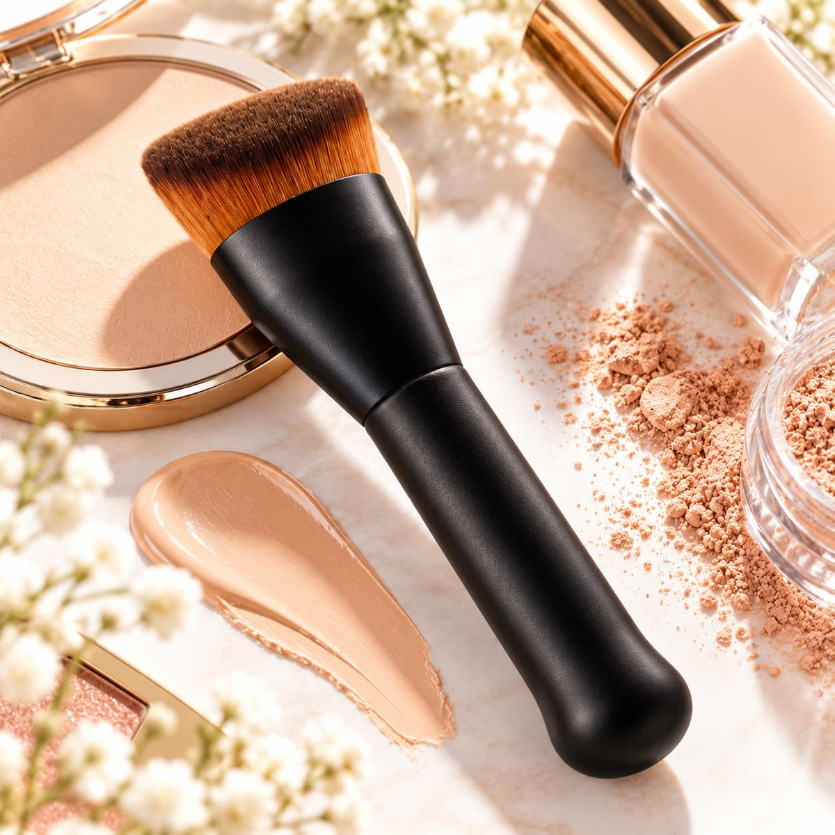 Kabuki Foundation Brush, Dual-Curve or House Shape, Dense Soft Nylon Bristles and Wood Handle for Liquid, Cream and Cushion Foundation