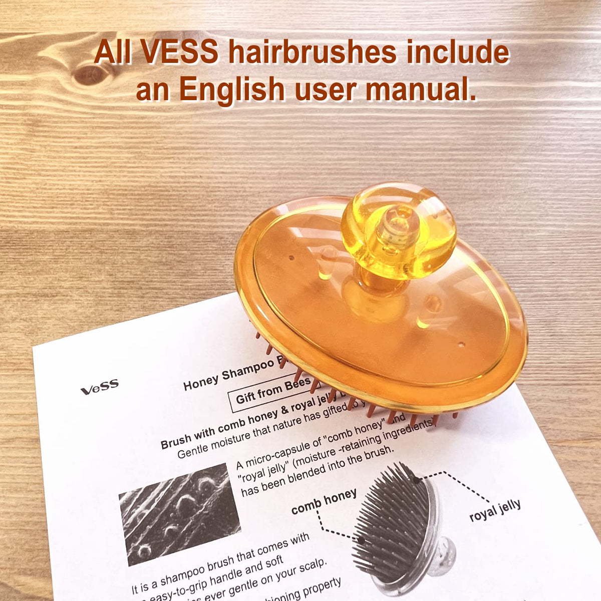 VESS Honey Shampoo Brush with Honey and Royal Jelly Microcapsules, Daily Scalp Care Massage Brush for Women and Men, Made in Japan