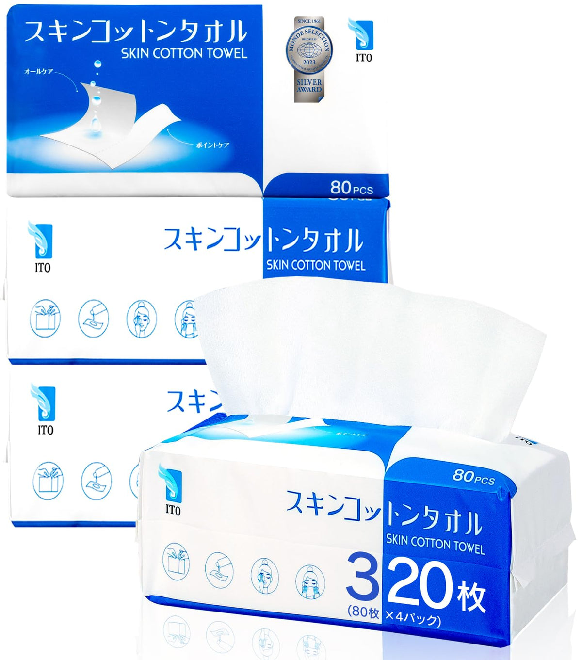 ITO Skin Cotton Towel, 320 Sheets (80 x 4 Packs) Perforated Disposable Face Towels and Cotton Puffs, Soft Pulp and Rayon Cleansing Towels