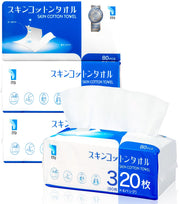 ITO Skin Cotton Towel, 320 Sheets (80 x 4 Packs) Perforated Disposable Face Towels and Cotton Puffs, Soft Pulp and Rayon Cleansing Towels