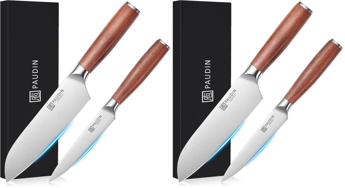 PAUDIN Santoku and Petty Knife 2-Piece Set, 5Cr15Mov Stainless, Natural Wood Handles, 1 or 2 Sets