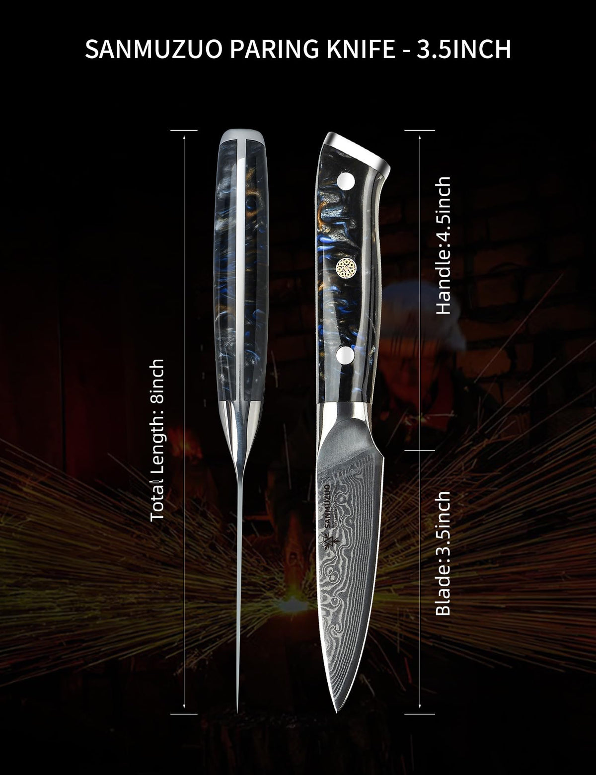 SANMUZUO Xuan Series 3.5 Inch Damascus Steel Paring Knife with Resin Handle