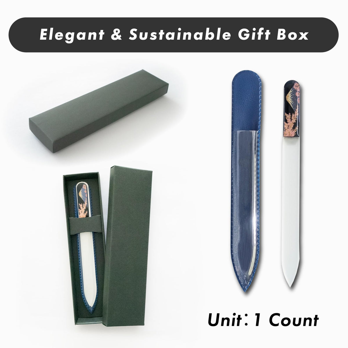 Czech Glass Nail File with Japanese Maki-e Lacquer Art, Boxed Crystal Nail File in Three Designs: Thousand Cranes, Mt. Fuji and Sakura, Weeping Cherry