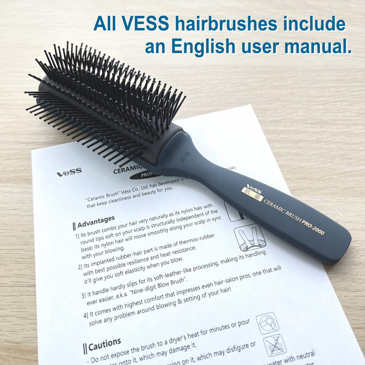 VESS Professional Blow Brush Pro-2000, Ceramic 9-Row Wide Type with Low-Friction Nylon Bristles, Made in Japan
