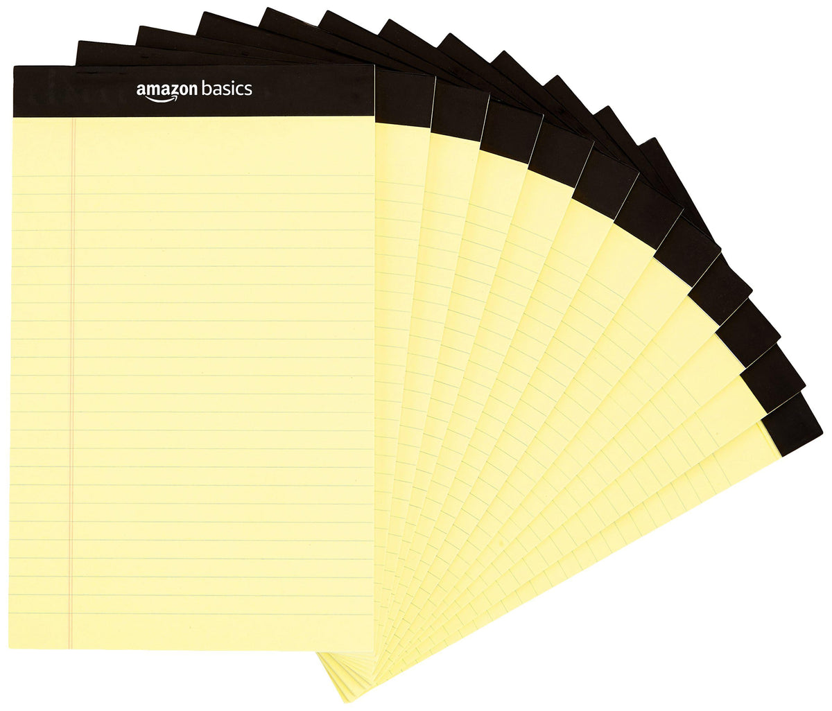 Amazon Basics Writing Pads, Set of 12 Pads of 50 Sheets, Narrow-Ruled 13 x 20 cm or Wide-Ruled Legal 30 x 22 cm, Yellow or White