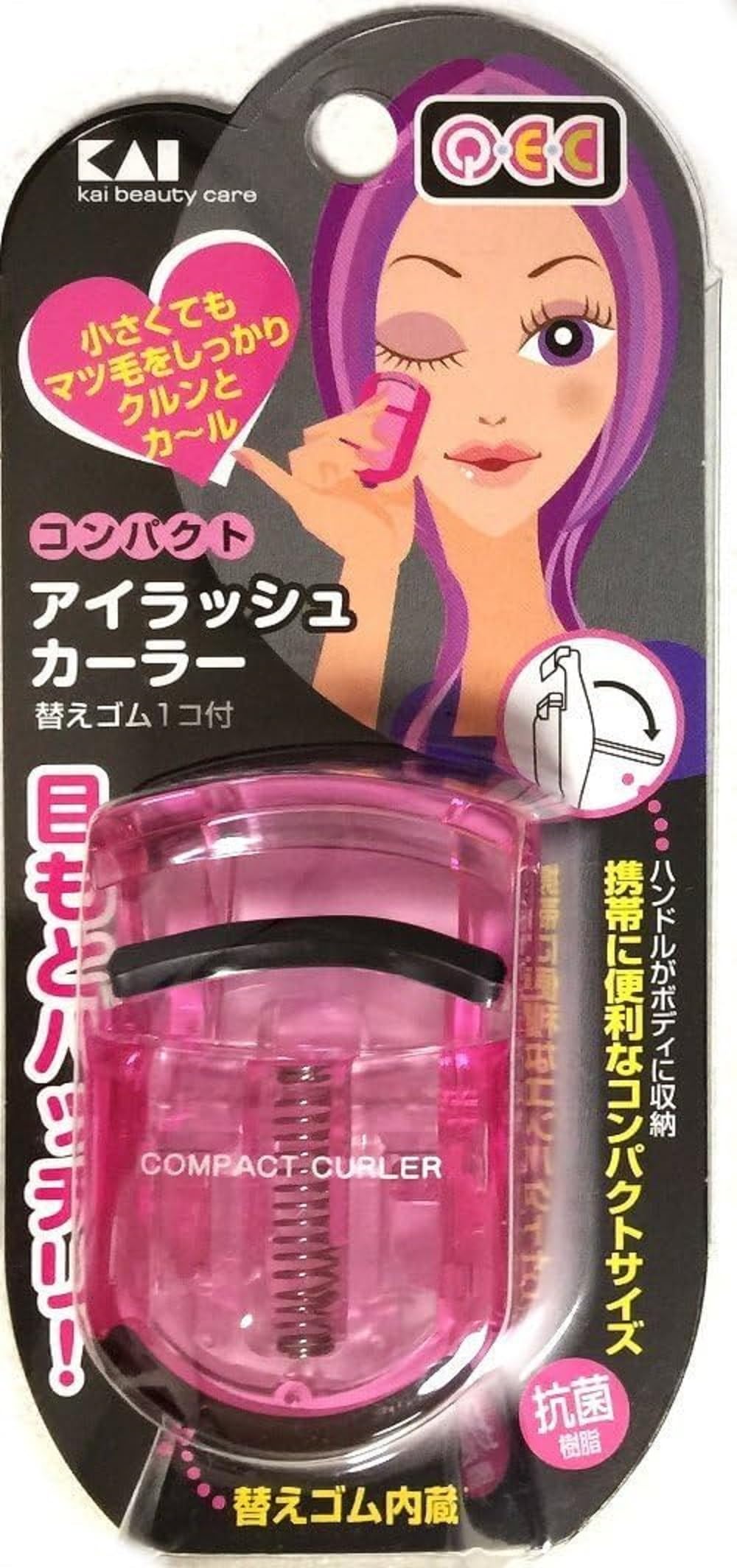 KAI Q.E.C Compact Eyelash Curler KQ097, Pink Pocket Lash Curler with Antibacterial Body and a Spare Silicone Pad