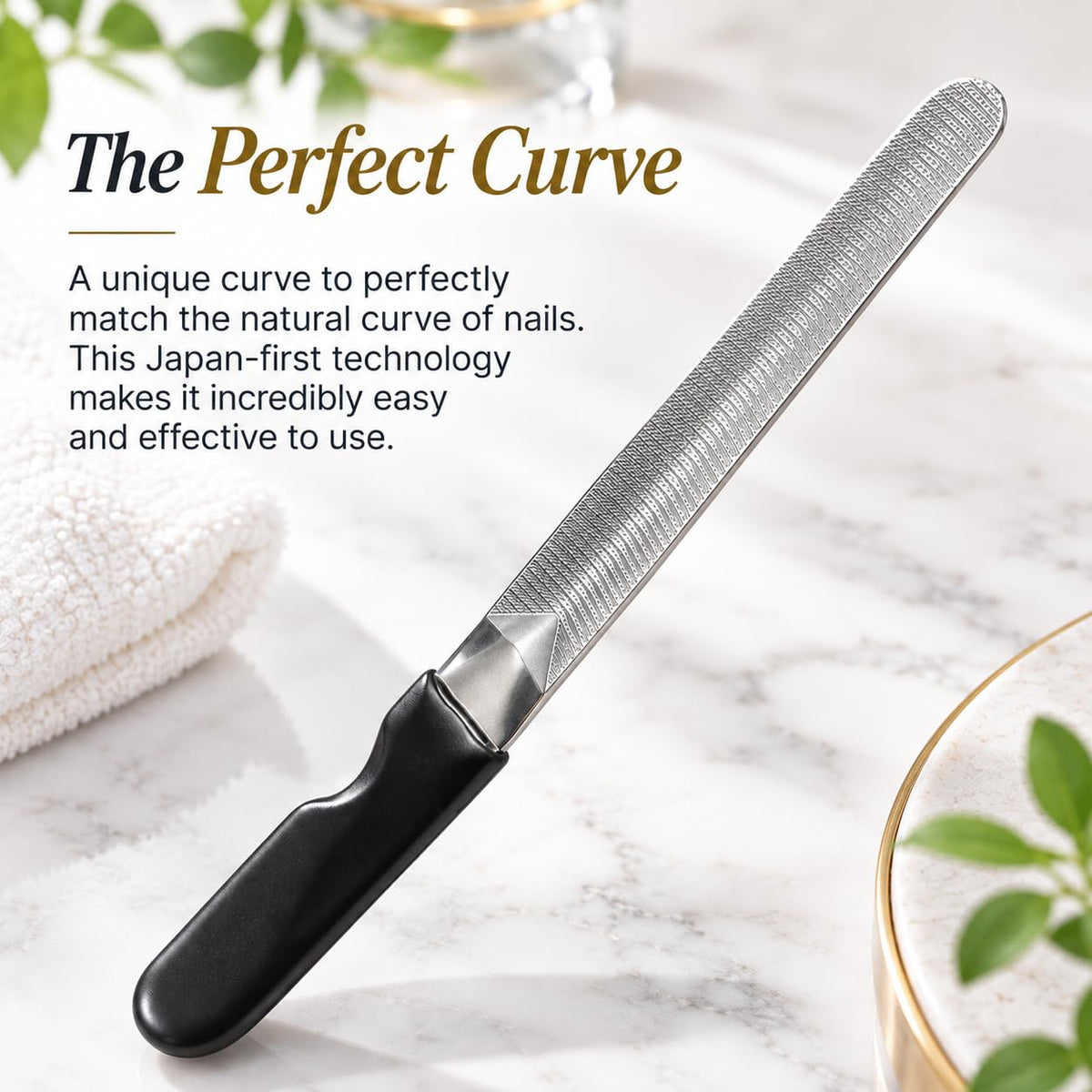 Curved Metal Nail File, Fine Grit Stainless Steel File Made in Tsubame, Japan, with Black Case, 13 cm