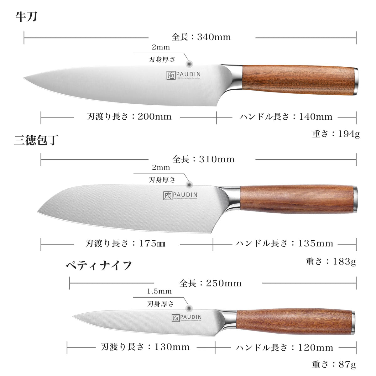 PAUDIN Chef Knife, Santoku and Petty Knife 3-Piece Set, 5Cr15MoV Stainless, Natural Wood Handles