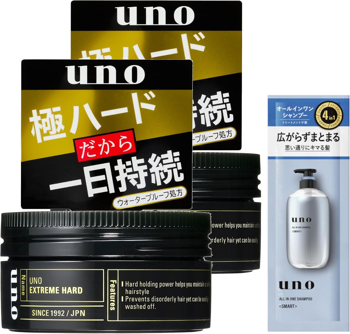 UNO Men's Hair Wax, 80g x 2 Set Plus Sample, Matte Effector, Hybrid Hard, Extreme Hard Or Wet Effector