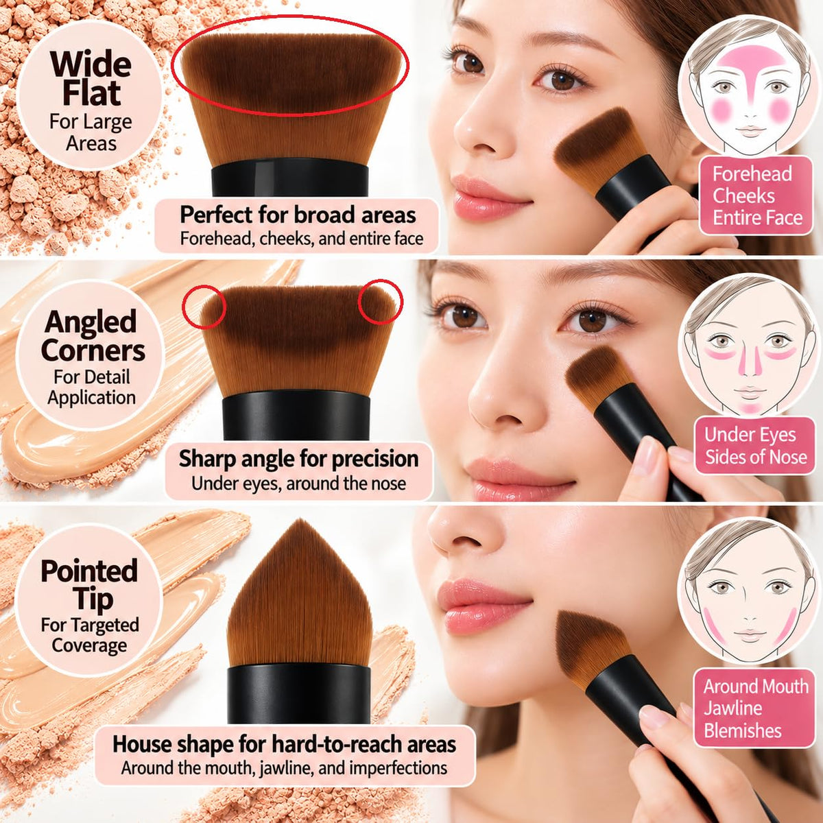 Kabuki Foundation Brush, Dual-Curve or House Shape, Dense Soft Nylon Bristles and Wood Handle for Liquid, Cream and Cushion Foundation