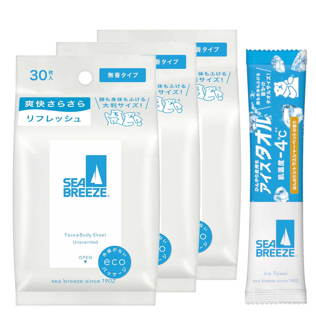 Sea Breeze Face and Body Wipe Sheets, Ice Type or Regular, 30 Sheets x 3 Set + Sample, 7 Scents