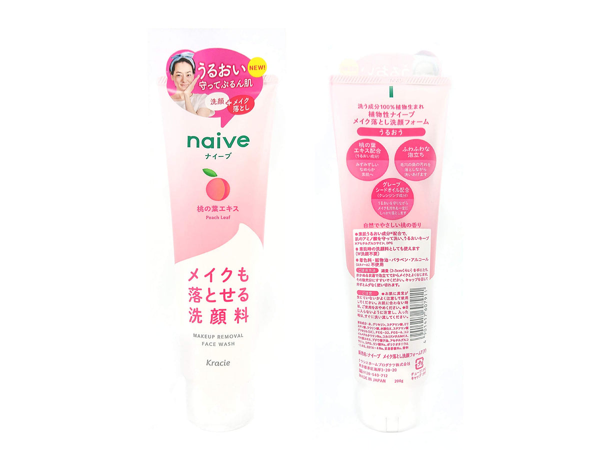 Kracie Naive Makeup Removal Face Wash with Peach Leaf Extract, Peach Scent Cleansing Foam, 200 g