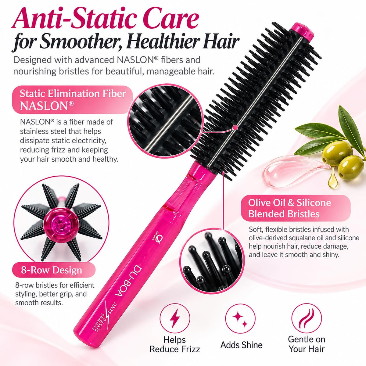 Anti-Static 8-Row Round Hair Brush with Nasron Fiber, Olive Oil and Silicone Blend Bristles, Pink, Made in Japan