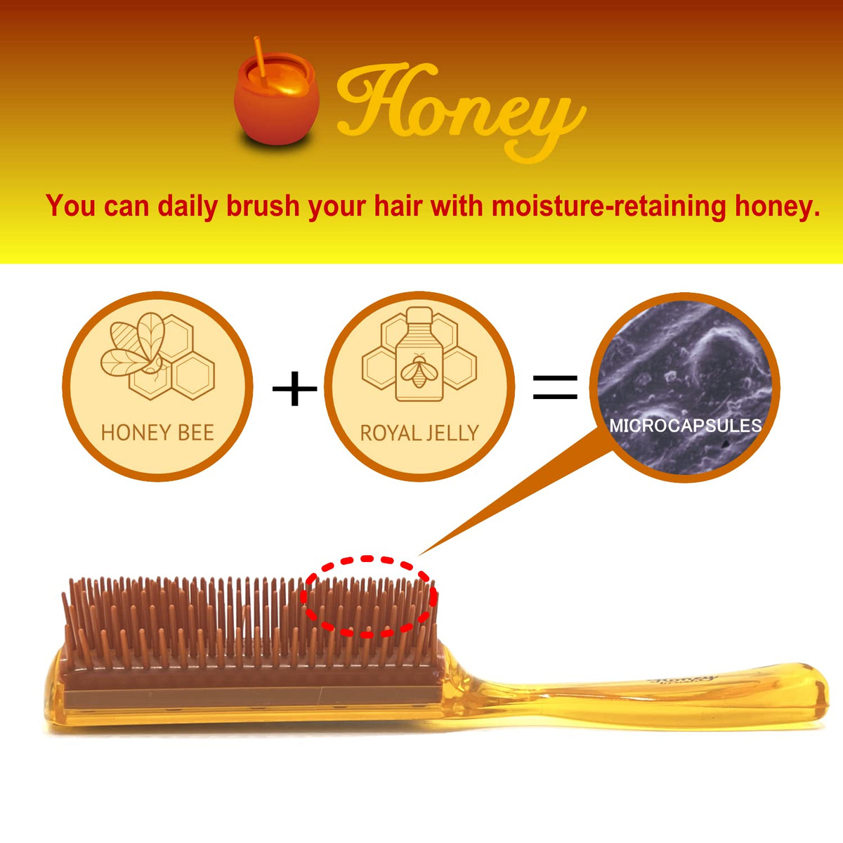 VESS Honey Blow Brush H-1000, 9-Row Pin Brush with Honey and Royal Jelly Microcapsules, Amber, Made in Japan
