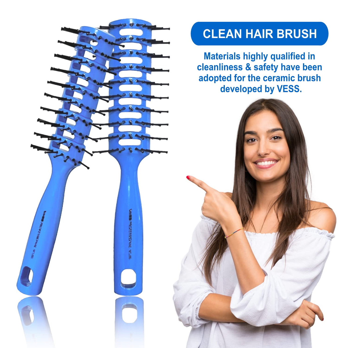 VESS Styling Vent Brush, 9-Row Round Type for Ribbon Styling with Ceramic Holes, Blue No. 80, Made in Japan