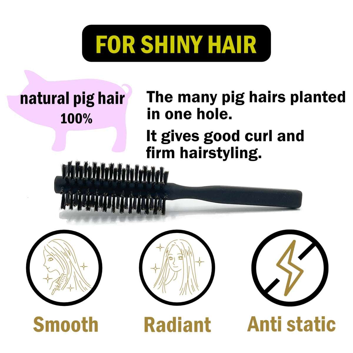 VESS Hair Styling Pro Roll Brush SPR-2200, 40 mm 100% Pig Hair Round Brush with Square Handle, Matte Black, Made in Japan
