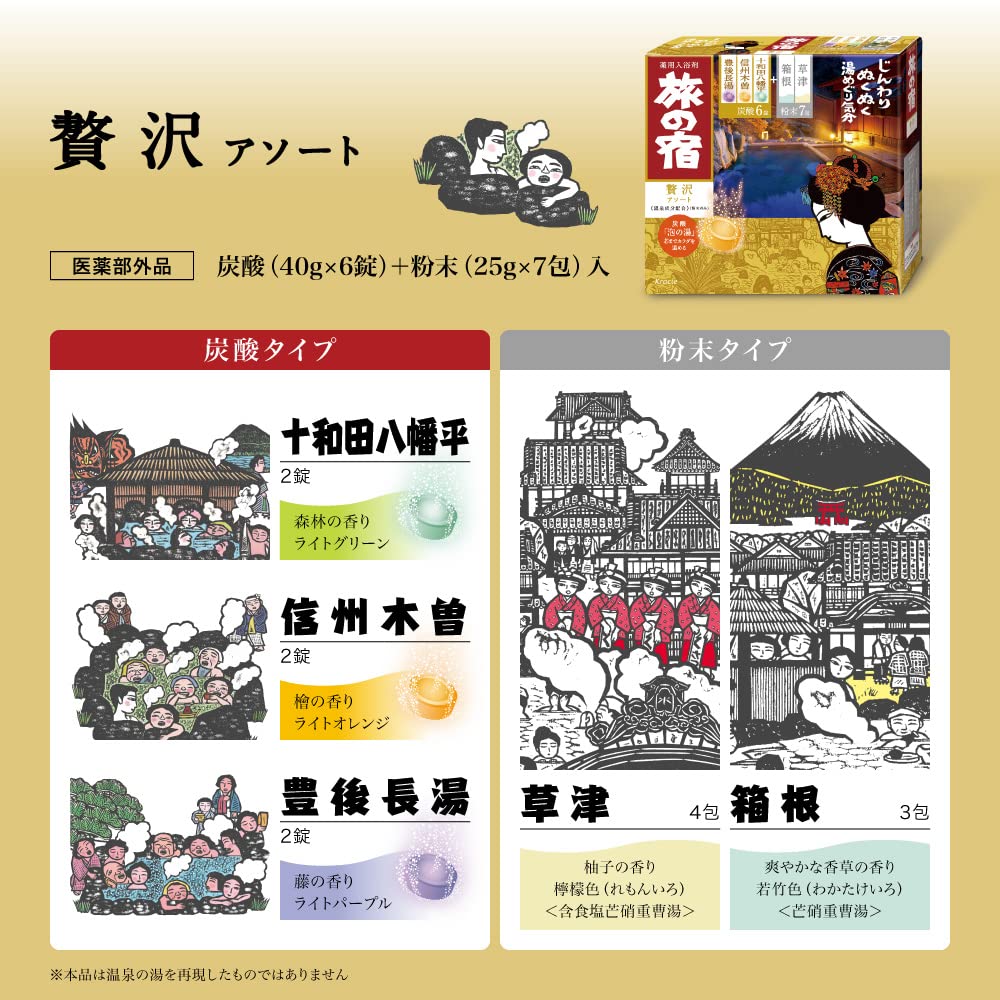 Tabi no Yado Luxury Assort Medicated Hot Spring Bath Additive, Seven 25 g Powder Packs and Six 40 g Carbonated Tablets in Five Hot-Spring Scents, Quasi-Drug, 415 g