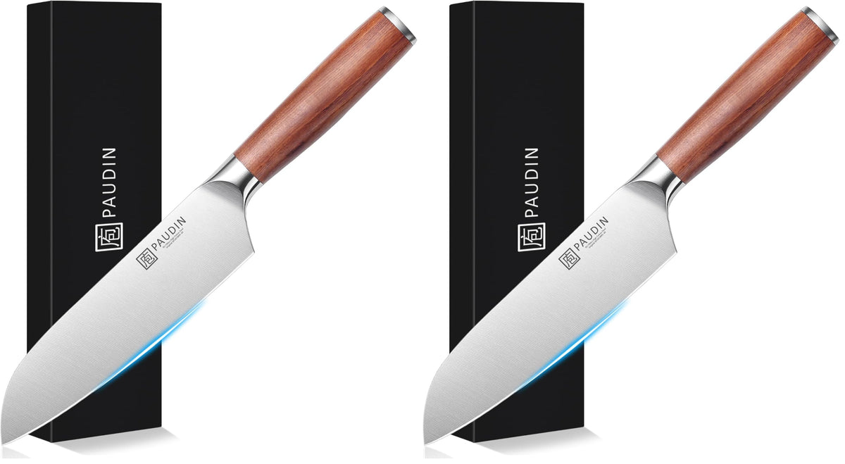 PAUDIN Santoku Knife 175 mm 5Cr15Mov Stainless, Natural Wood Handle, 1 or 2 Knives