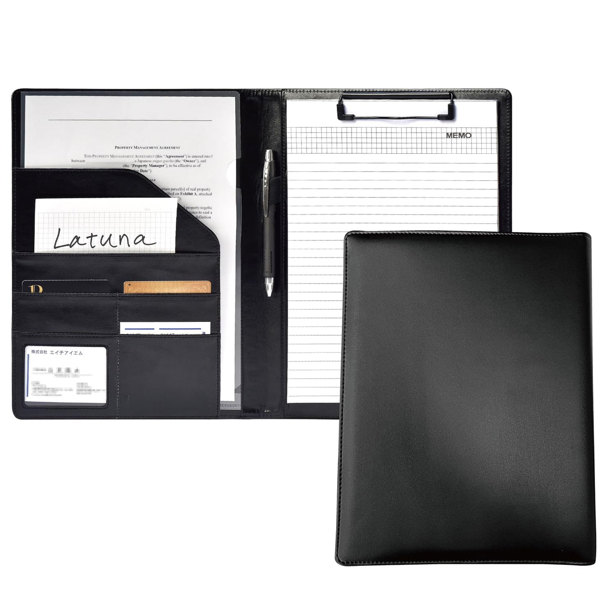 Latuna A4 Folding Clipboard Binder, Two-Fold Leather Binder with Quiet Clip for About 60 Sheets, Card Pockets and Pen Holder, 32 x 24.5 x 2 cm, Black, Navy or Brown
