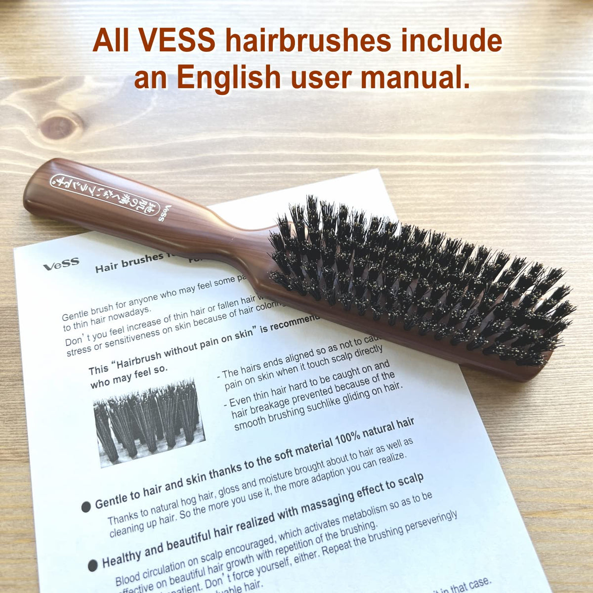 VESS Hairbrush Without Pain on Skin, Natural Hog Bristle Brushing Brush, JI-1300