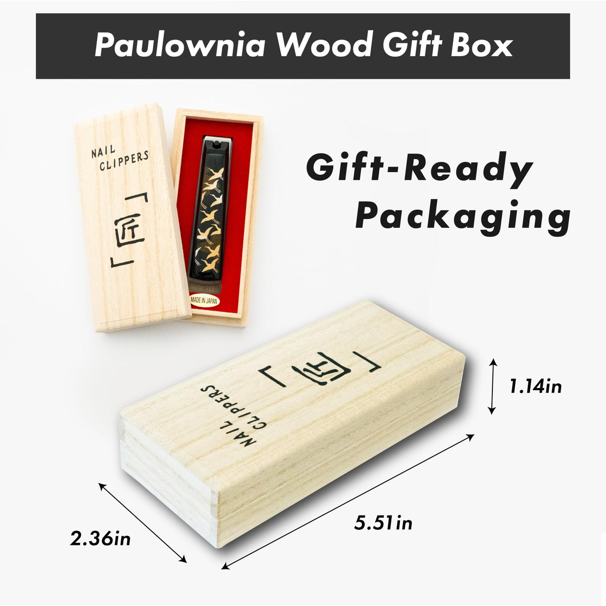 Maki-e Lacquer Nail Clipper in a Paulownia Wood Gift Box, Large Stainless Straight-Edge Clipper Made in Japan, Weeping Cherry, Thousand Cranes or Mt. Fuji and Sakura