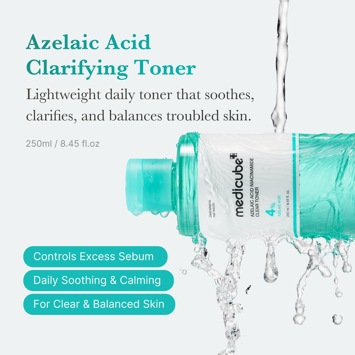 medicube Azelaic Acid Niacinamide Clear Toner 250 mL, Lightweight Daily Clarifying Toner with 4% Azelaic Acid, Hyaluronic Acid and Aloe Vera Leaf Extract