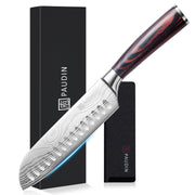 PAUDIN Santoku Knife 170 mm with Sheath, 5Cr15Mov Stainless, Laminated Wood Handle