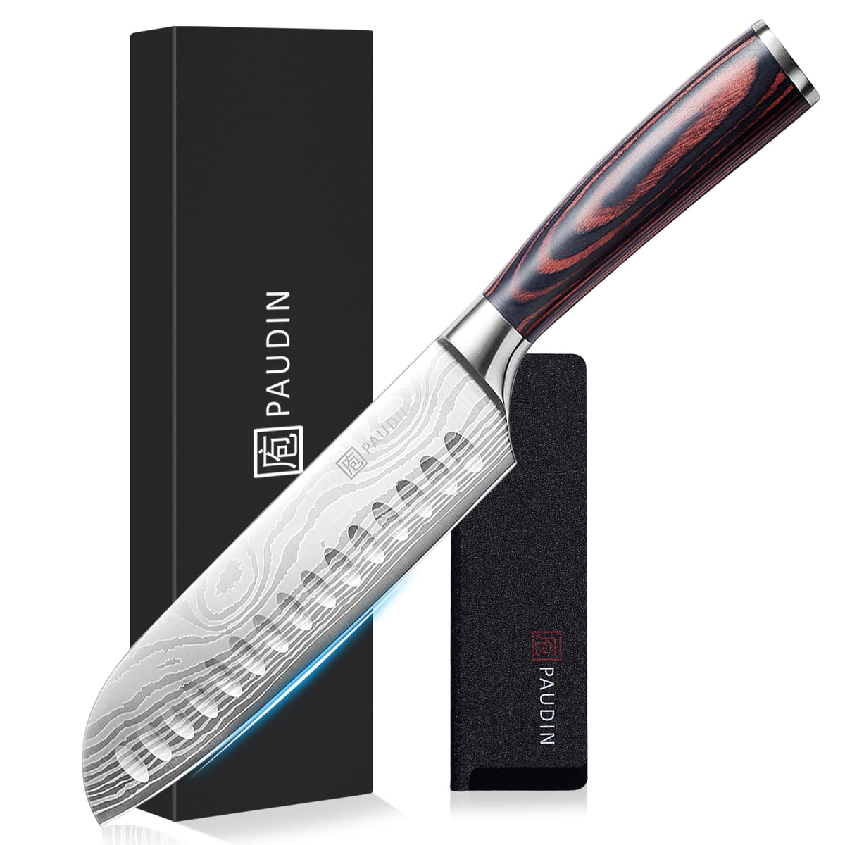 PAUDIN Santoku Knife 170 mm with Sheath, 5Cr15Mov Stainless, Laminated Wood Handle