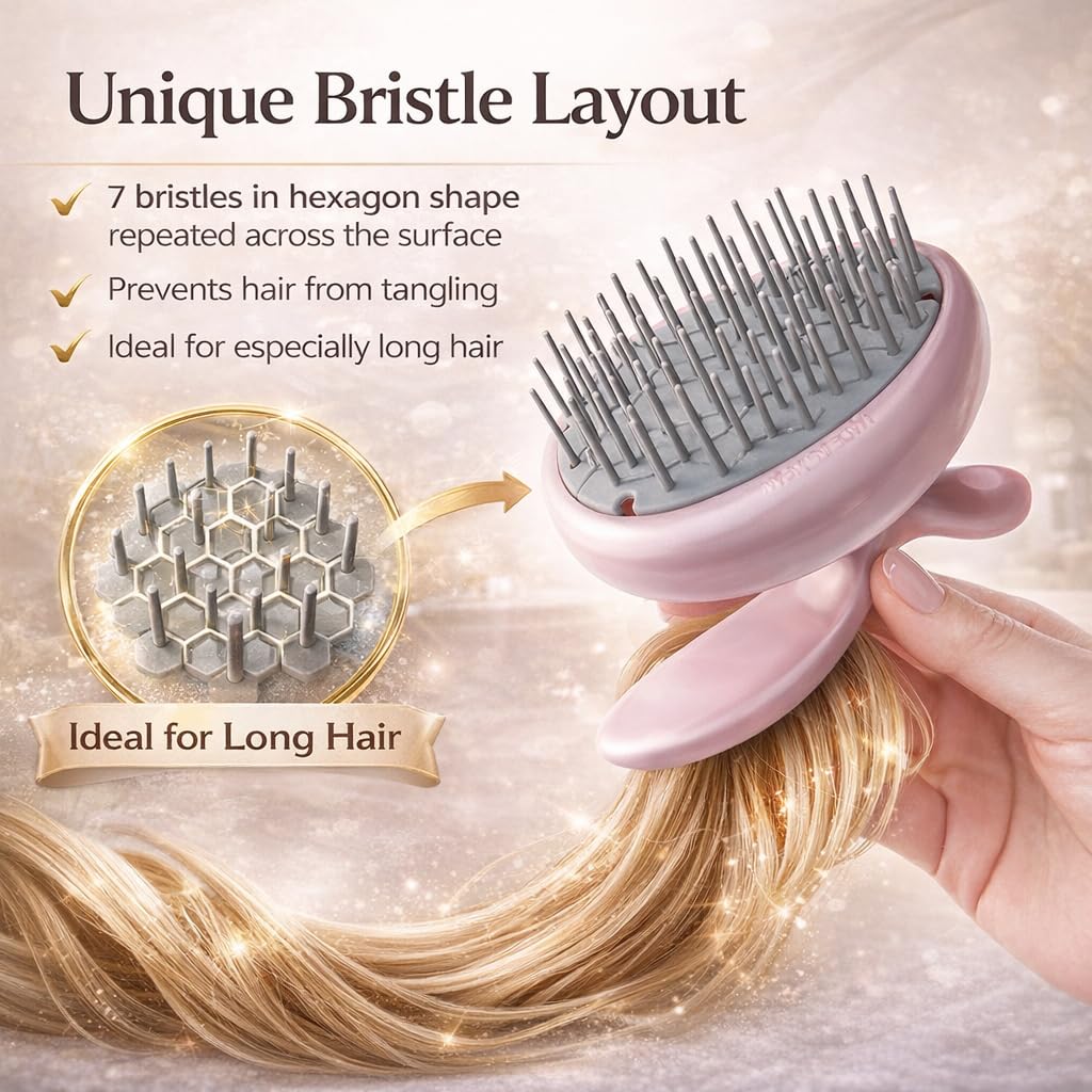 Scalp Scrubber Shampoo Brush with Hexagon Bristle Layout, Pink, for Long Hair and Head Massage, 41 g, Made in Japan