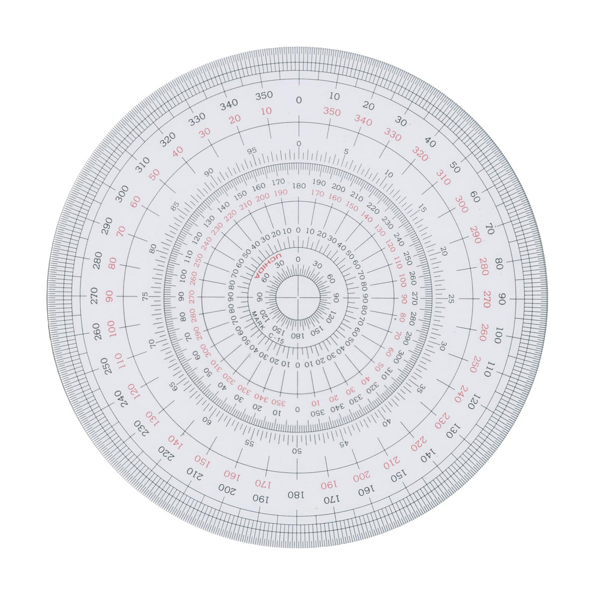 Uchida Full-Circle Protractor 12 cm Type 1-822-0000 or 15 cm Type 1-822-0001, 360-Degree Hard Vinyl Protractor 1.0 mm Thick, Made in Japan