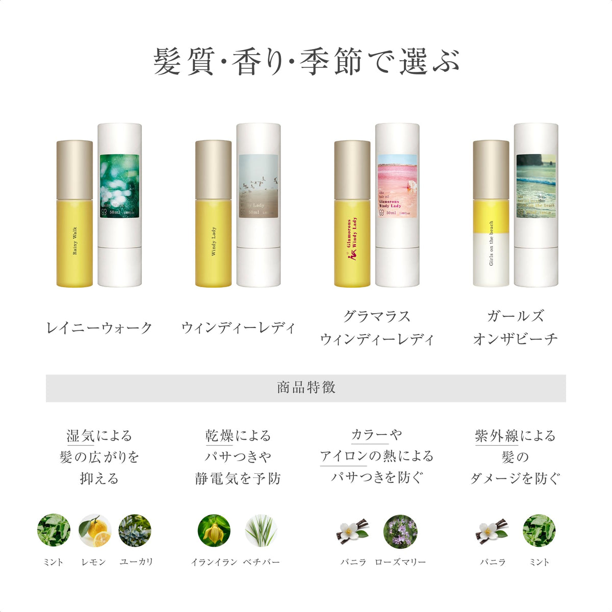 uka Hair Oil, Rainy Walk, Windy Lady, Glamorous Windy Lady or Girls on the Beach, Damage Care Hair Oil, 50 ml